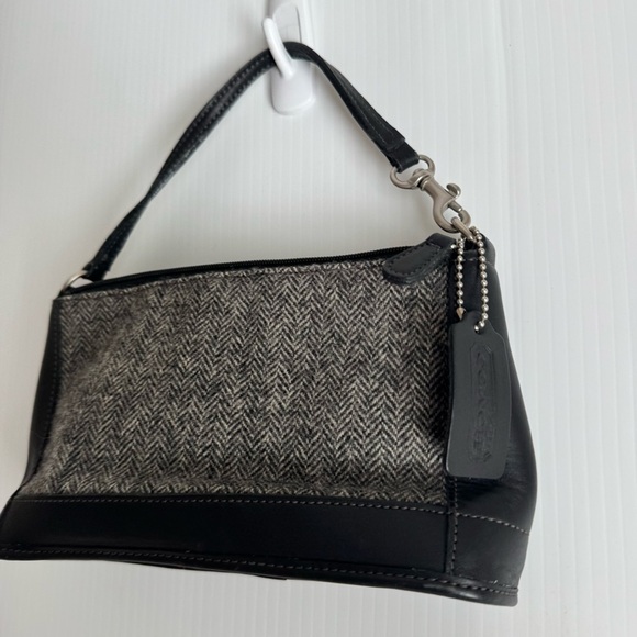 Y2K Coach brand Bleecker tweed herringbone wool and leather Black &Gray Mini Bag - Picture 2 of 10